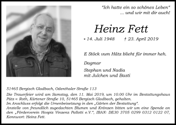 Anzeige von Heinz Fett von Kölner Stadt-Anzeiger / Kölnische Rundschau / Express