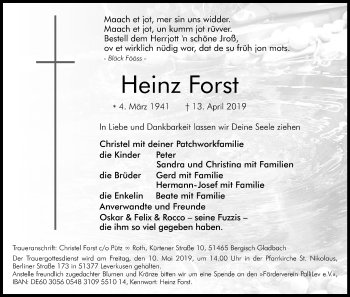 Anzeige von Heinz Forst von Kölner Stadt-Anzeiger / Kölnische Rundschau / Express