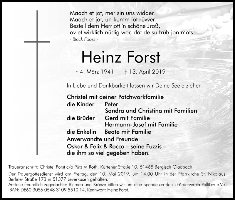  Traueranzeige für Heinz Forst vom 04.05.2019 aus Kölner Stadt-Anzeiger / Kölnische Rundschau / Express
