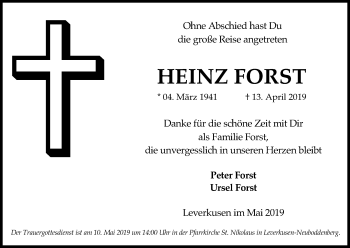 Anzeige von Heinz Forst von Kölner Stadt-Anzeiger / Kölnische Rundschau / Express
