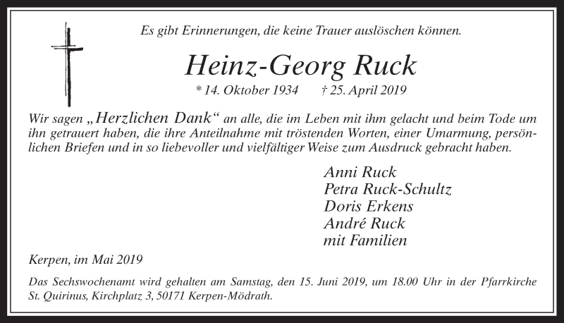  Traueranzeige für Heinz-Georg Ruck vom 29.05.2019 aus  Werbepost 