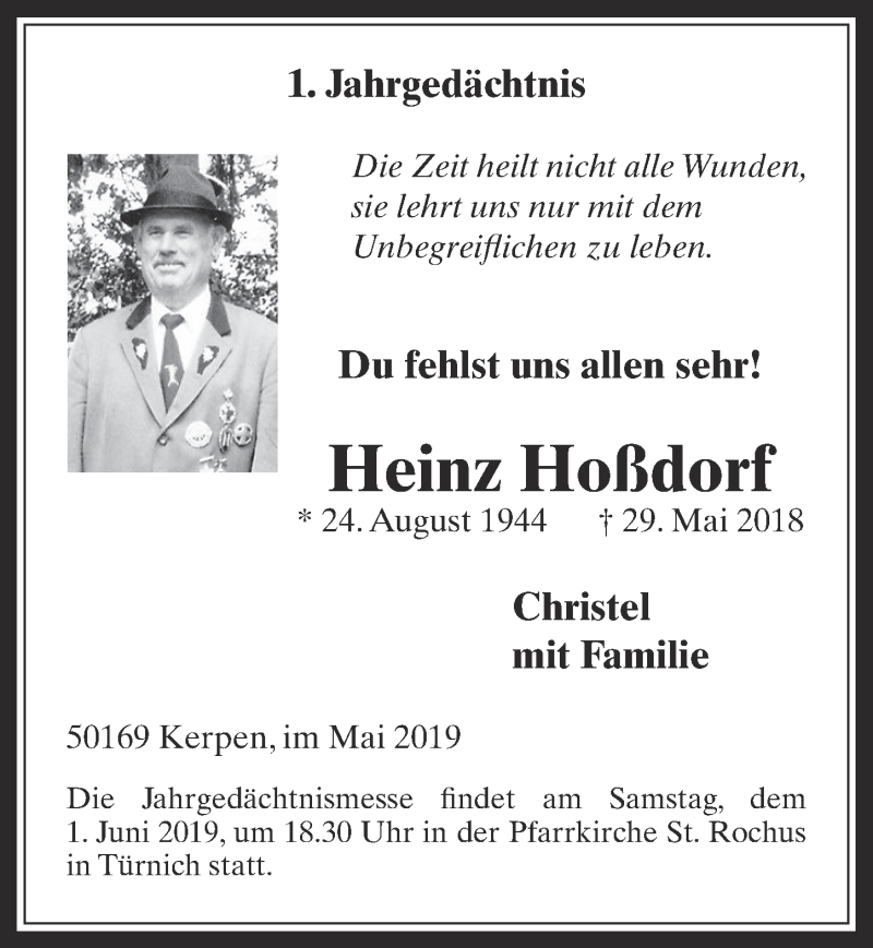  Traueranzeige für Heinz Hoßdorf vom 29.05.2019 aus  Werbepost 