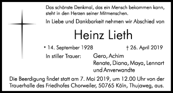 Anzeige von Heinz Lieth von Kölner Stadt-Anzeiger / Kölnische Rundschau / Express