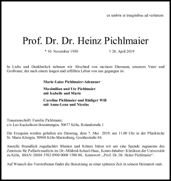 Anzeige von Heinz Pichlmaier von Kölner Stadt-Anzeiger / Kölnische Rundschau / Express