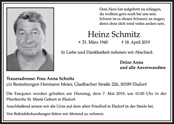 Anzeige von Heinz Schmitz von  Sonntags-Post 