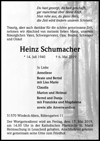 Anzeige von Heinz Schumacher von Kölner Stadt-Anzeiger / Kölnische Rundschau / Express
