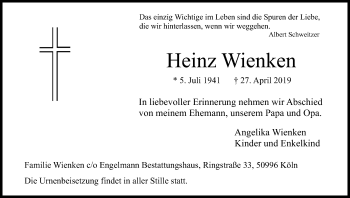 Anzeige von Heinz Wienken von Kölner Stadt-Anzeiger / Kölnische Rundschau / Express