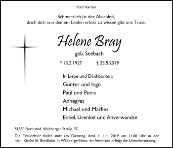 Anzeige von Helene Bray von  Anzeigen Echo  Lokalanzeiger 