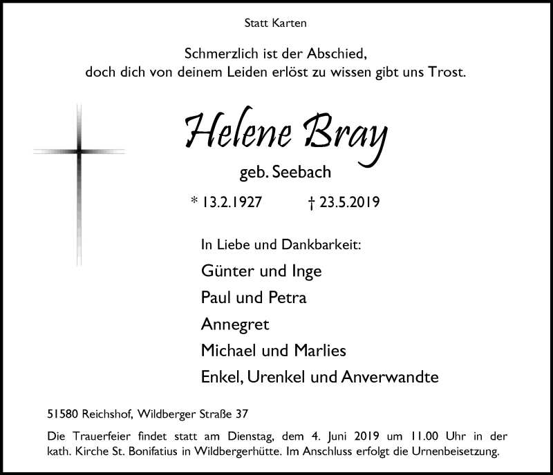  Traueranzeige für Helene Bray vom 29.05.2019 aus  Anzeigen Echo  Lokalanzeiger 