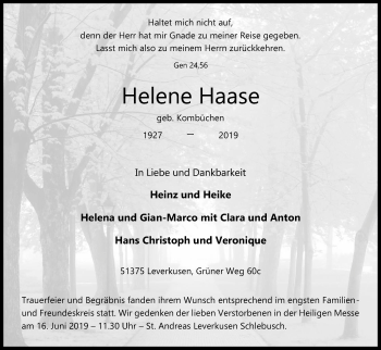 Anzeige von Helene Haase von Kölner Stadt-Anzeiger / Kölnische Rundschau / Express