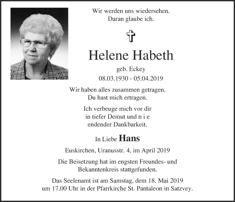  Traueranzeige für Helene Habeth vom 04.05.2019 aus  Blickpunkt Euskirchen 