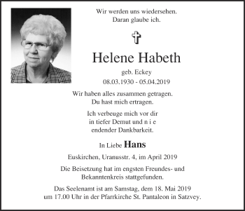 Anzeige von Helene Habeth von  Blickpunkt Euskirchen 