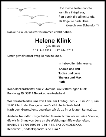 Anzeige von Helene Klink von Kölner Stadt-Anzeiger / Kölnische Rundschau / Express