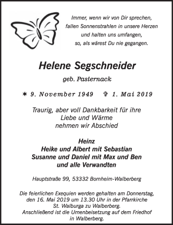Anzeige von Helene Segschneider von  Schaufenster/Blickpunkt  Schlossbote/Werbekurier 