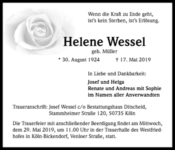 Anzeige von Helene Wessel von Kölner Stadt-Anzeiger / Kölnische Rundschau / Express