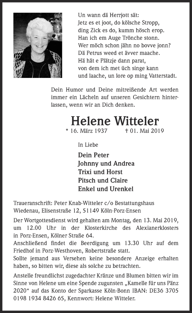  Traueranzeige für Helene Witteler vom 08.05.2019 aus  Kölner Wochenspiegel 
