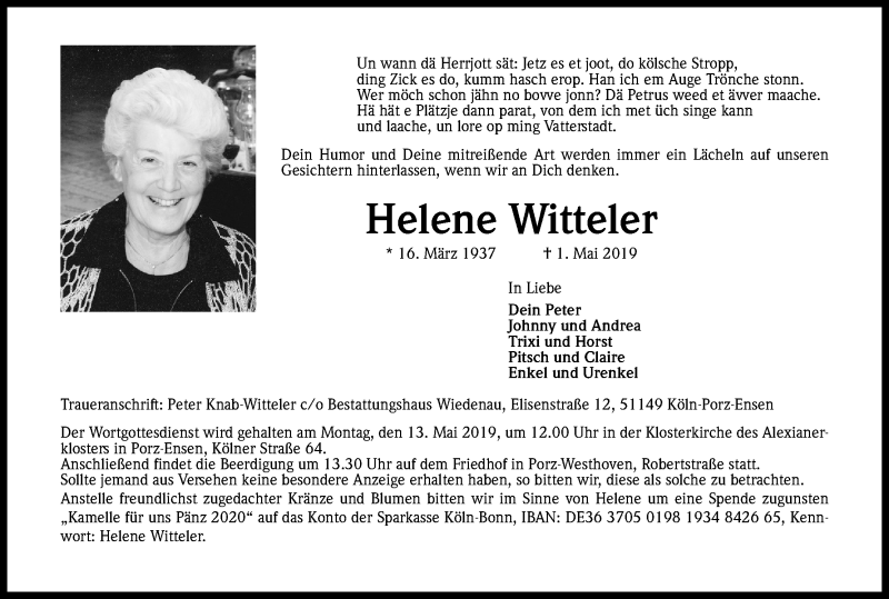  Traueranzeige für Helene Witteler vom 08.05.2019 aus Kölner Stadt-Anzeiger / Kölnische Rundschau / Express