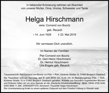 Anzeige von Helga Hirschmann von Kölner Stadt-Anzeiger / Kölnische Rundschau / Express