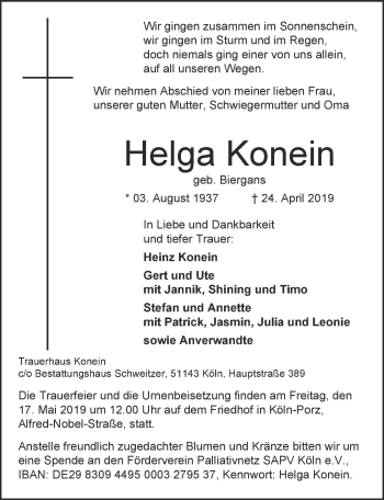 Anzeige von Helga Konein von  Kölner Wochenspiegel 