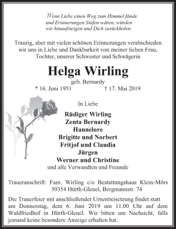 Anzeige von Helga Wirling von  Wochenende 