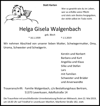 Anzeige von Helga Gisela Walgenbach von Kölner Stadt-Anzeiger / Kölnische Rundschau / Express