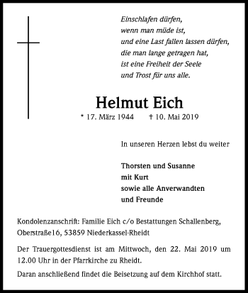 Anzeige von Helmut Eich von Kölner Stadt-Anzeiger / Kölnische Rundschau / Express