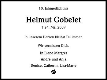 Anzeige von Helmut Gobelet von Kölner Stadt-Anzeiger / Kölnische Rundschau / Express