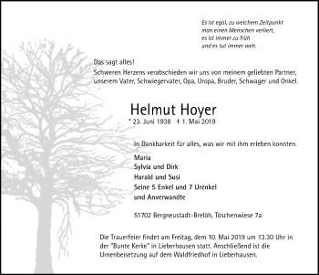 Anzeige von Helmut Hoyer von  Anzeigen Echo 