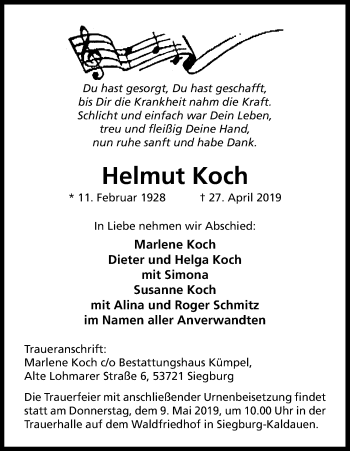 Anzeige von Helmut Koch von Kölner Stadt-Anzeiger / Kölnische Rundschau / Express