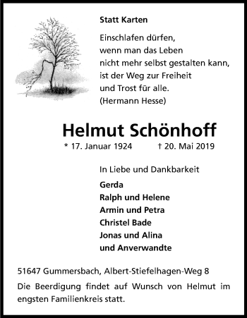 Anzeige von Helmut Schönhoff von Kölner Stadt-Anzeiger / Kölnische Rundschau / Express