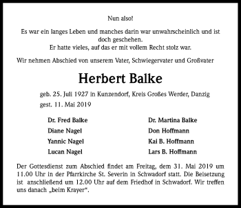 Anzeige von Herbert Balke von Kölner Stadt-Anzeiger / Kölnische Rundschau / Express