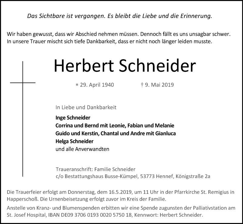  Traueranzeige für Herbert Schneider vom 14.05.2019 aus Kölner Stadt-Anzeiger / Kölnische Rundschau / Express