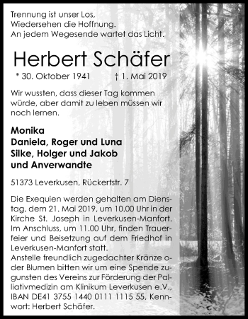 Anzeige von Herbert Schäfer von Kölner Stadt-Anzeiger / Kölnische Rundschau / Express