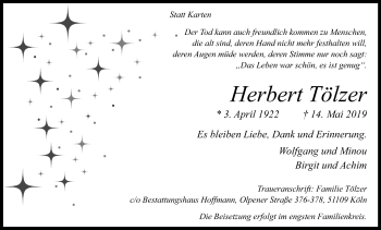 Anzeige von Herbert Tölzer von Kölner Stadt-Anzeiger / Kölnische Rundschau / Express