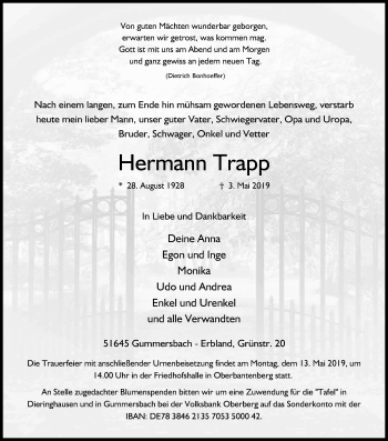 Anzeige von Hermann Trapp von Kölner Stadt-Anzeiger / Kölnische Rundschau / Express