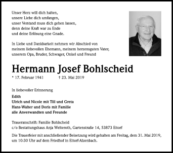 Anzeige von Hermann Josef Bohlscheid von Kölner Stadt-Anzeiger / Kölnische Rundschau / Express