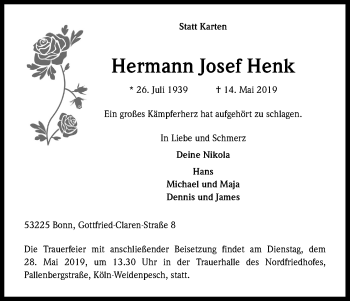 Anzeige von Hermann Josef Henk von Kölner Stadt-Anzeiger / Kölnische Rundschau / Express