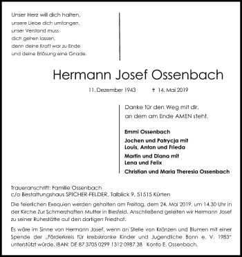 Anzeige von Hermann Josef Ossenbach von Kölner Stadt-Anzeiger / Kölnische Rundschau / Express