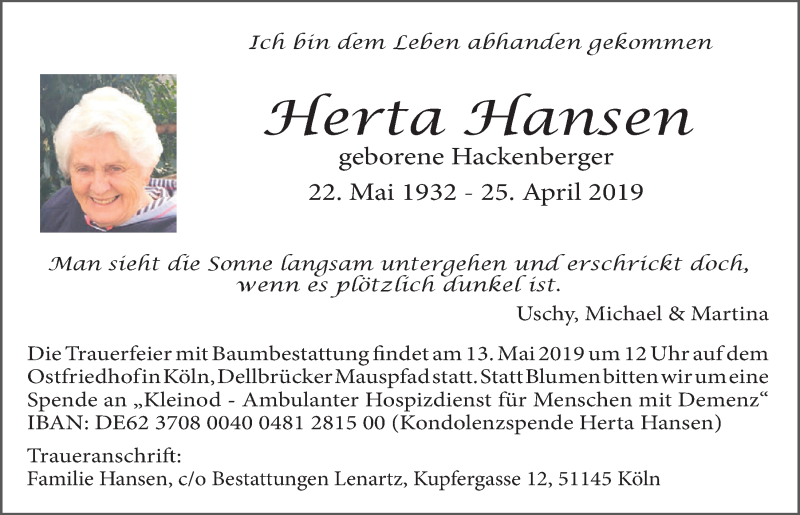  Traueranzeige für Herta Hansen vom 08.05.2019 aus  Kölner Wochenspiegel 