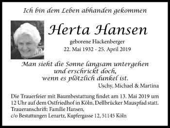 Anzeige von Herta Hansen von Kölner Stadt-Anzeiger / Kölnische Rundschau / Express