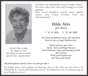 Anzeige von Hilde Abts von  Werbepost 