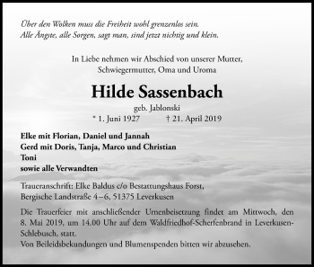 Anzeige von Hilde Sassenbach von Kölner Stadt-Anzeiger / Kölnische Rundschau / Express