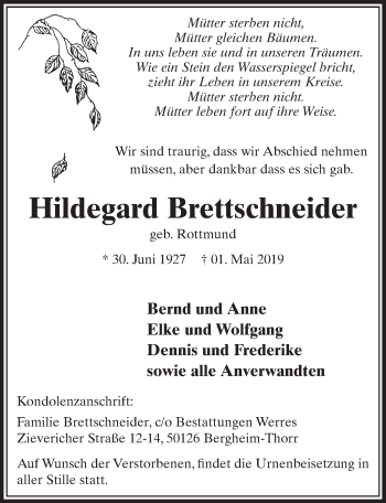 Anzeige von Hildegard Brettschneider von  Sonntags-Post 