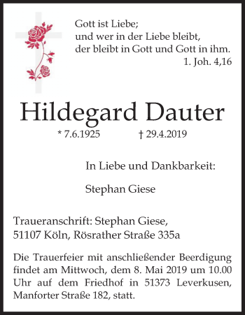 Anzeige von Hildegard Dauter von Kölner Stadt-Anzeiger / Kölnische Rundschau / Express