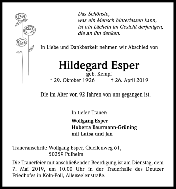 Anzeige von Hildegard Esper von Kölner Stadt-Anzeiger / Kölnische Rundschau / Express
