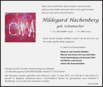 Anzeige von Hildegard Hachenberg von Kölner Stadt-Anzeiger / Kölnische Rundschau / Express