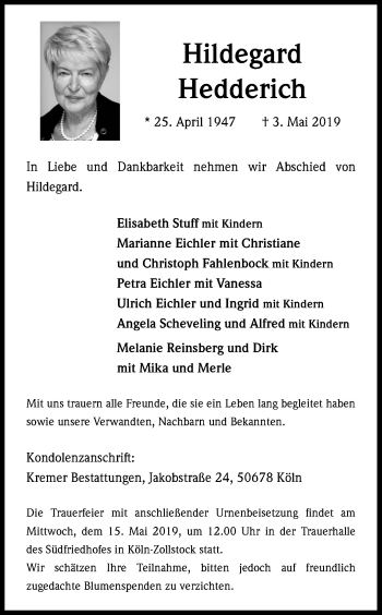 Anzeige von Hildegard Hedderich von Kölner Stadt-Anzeiger / Kölnische Rundschau / Express