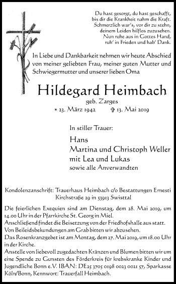 Anzeige von Hildegard Heimbach von Kölner Stadt-Anzeiger / Kölnische Rundschau / Express
