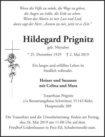 Anzeige von Hildegard Prignitz von  Kölner Wochenspiegel 