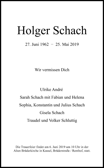 Anzeige von Holger Schach von Kölner Stadt-Anzeiger / Kölnische Rundschau / Express